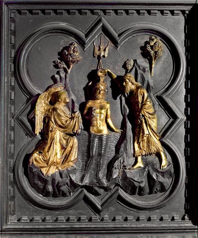 El Bautismo de Cristo, panel de las puertas sur del Baptisterio que representa escenas de la vida de San Juan Bautista, 1336 de Andrea Pisano